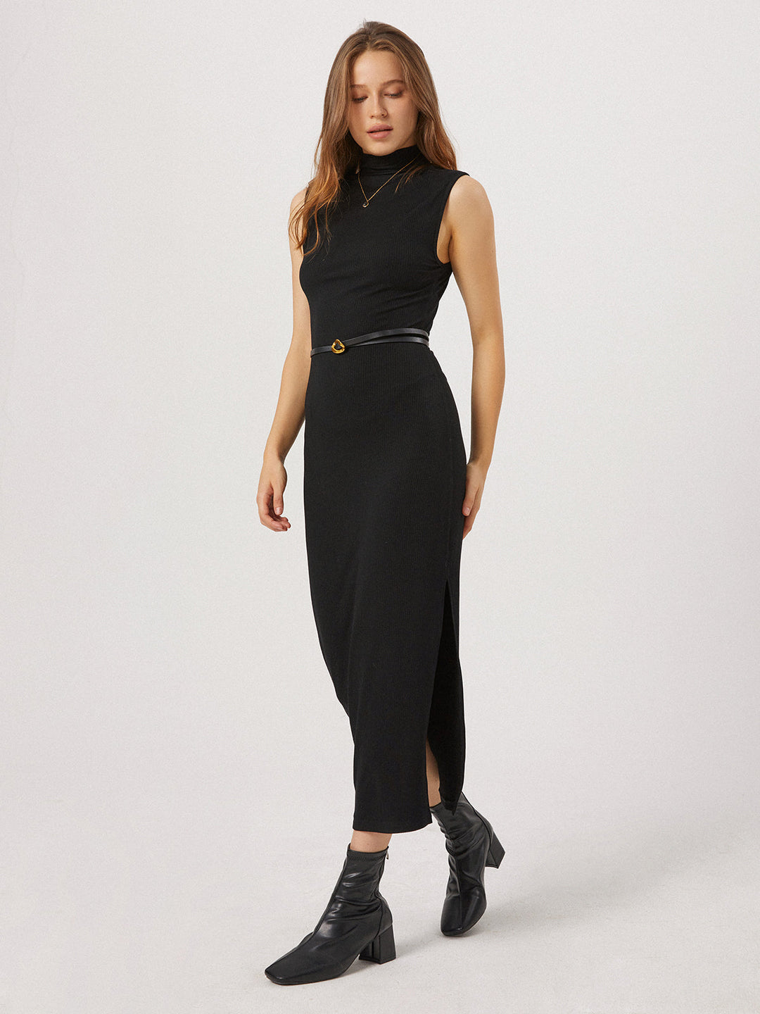 LARA - Slit Mock Neck Long Dress