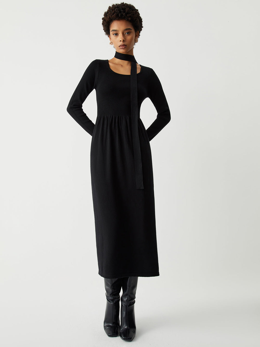 PAMELA - Tie Decor Long Sleeve Midi Sweater Dress