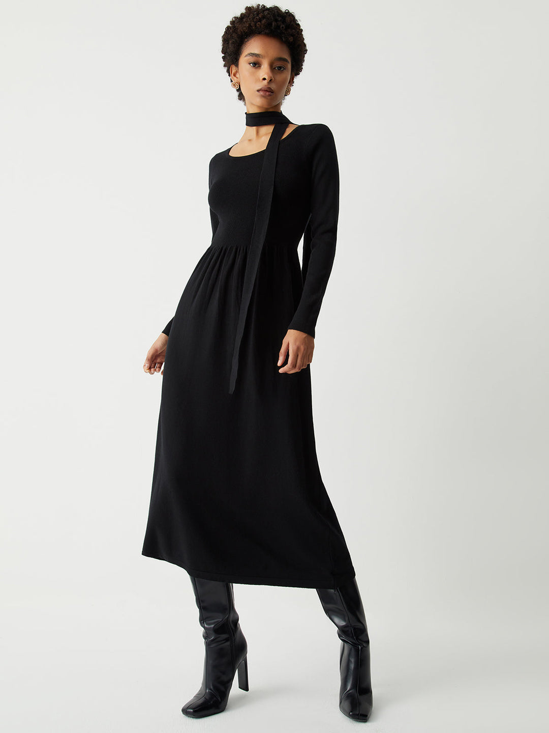 PAMELA - Tie Decor Long Sleeve Midi Sweater Dress