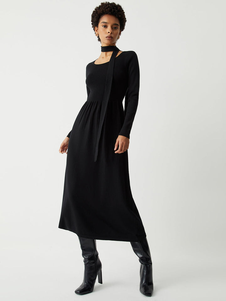 PAMELA - Tie Decor Long Sleeve Midi Sweater Dress