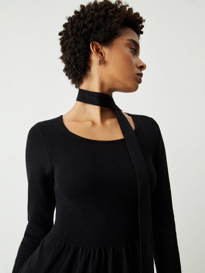 PAMELA - Tie Decor Long Sleeve Midi Sweater Dress