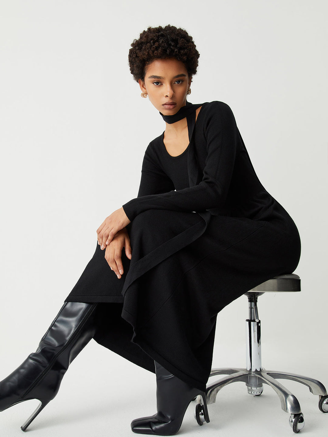 PAMELA - Tie Decor Long Sleeve Midi Sweater Dress