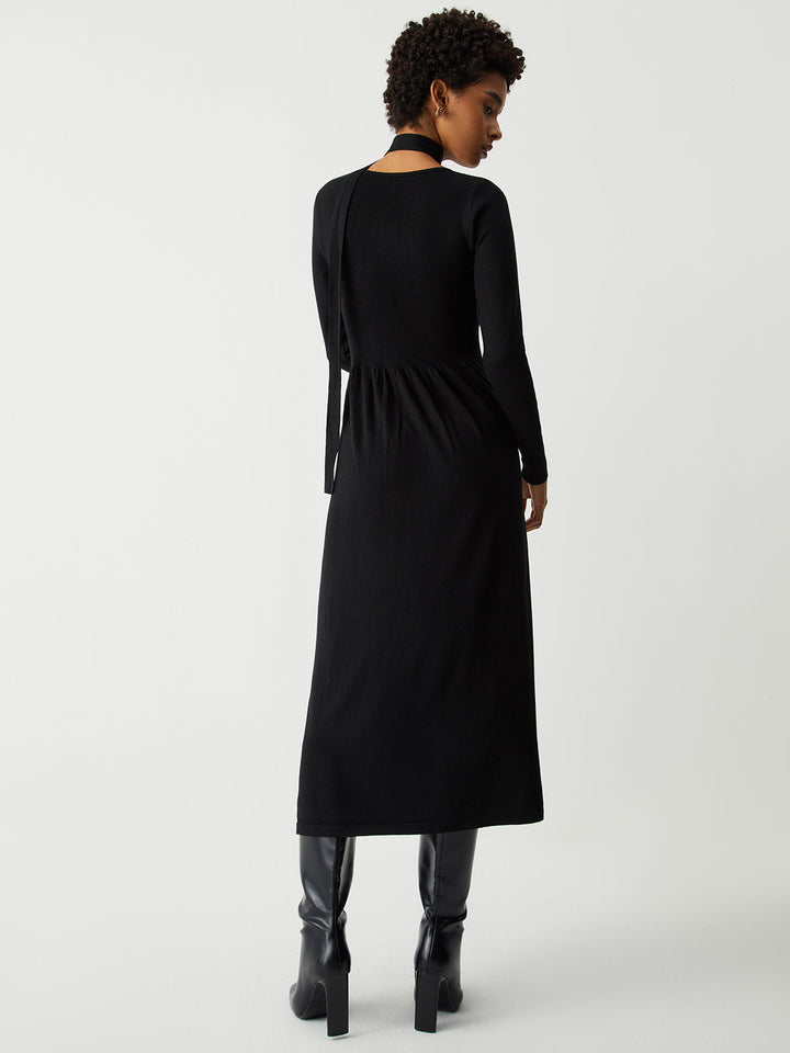 PAMELA - Tie Decor Long Sleeve Midi Sweater Dress