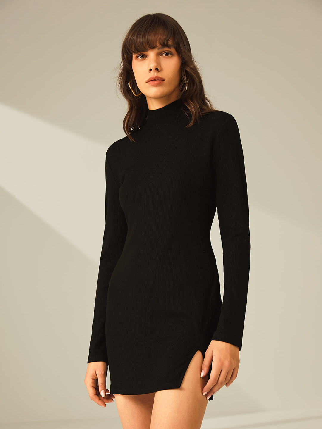 YASMIN - Turtleneck Long Sleeve Mini Dress with Slit and Ribbed Paneling