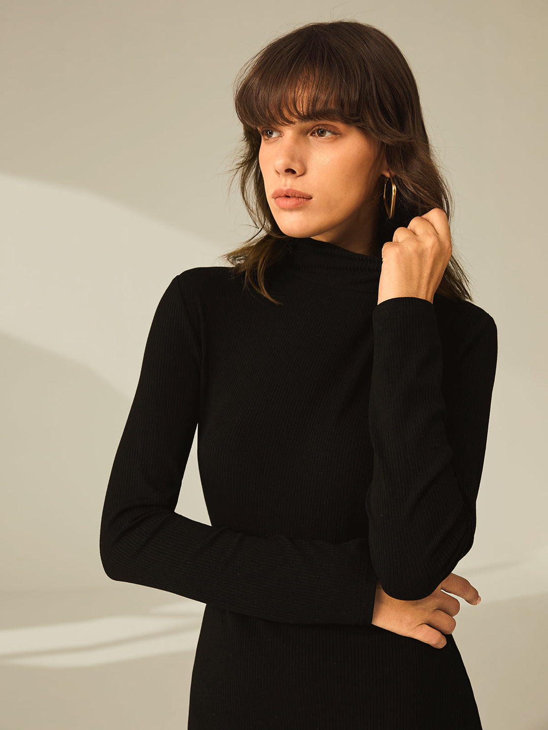 YASMIN - Turtleneck Long Sleeve Mini Dress with Slit and Ribbed Paneling