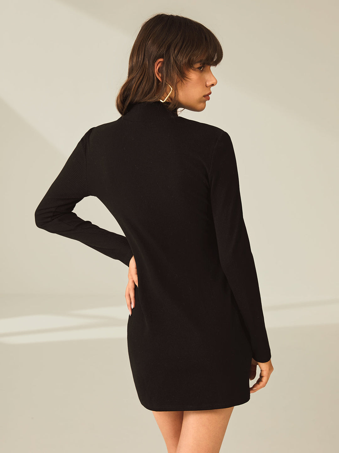 YASMIN - Turtleneck Long Sleeve Mini Dress with Slit and Ribbed Paneling