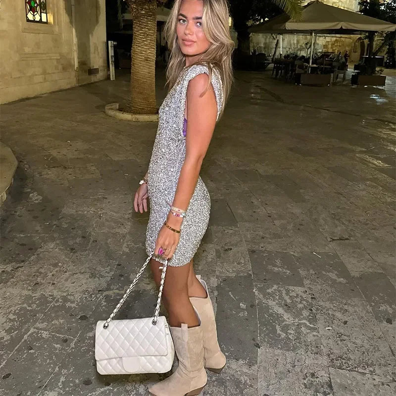 Zalenya - Shoulder Padded Sequins Mini Dress