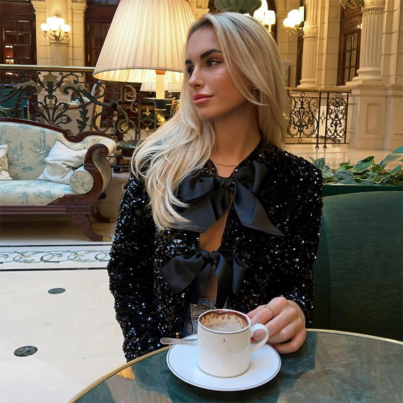 Andrea - Shiny Shimmer Bow Tie Top