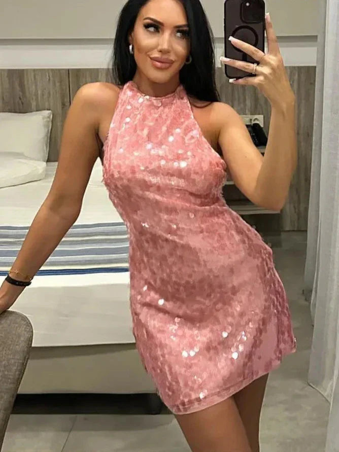 Vaeselle - Sleeveless Pink Sequins Mini Dress