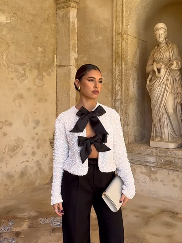 Andrea - Shiny Shimmer Bow Tie Top