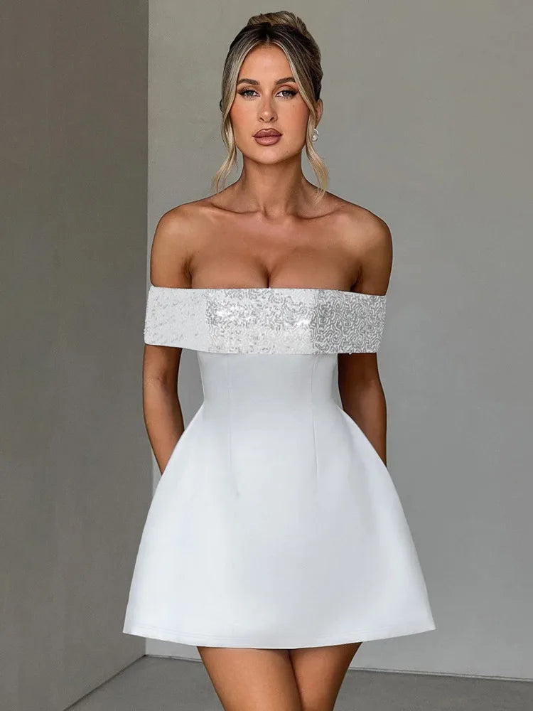Alicia - Off-shoulder Sequins Strapless Mini Dress