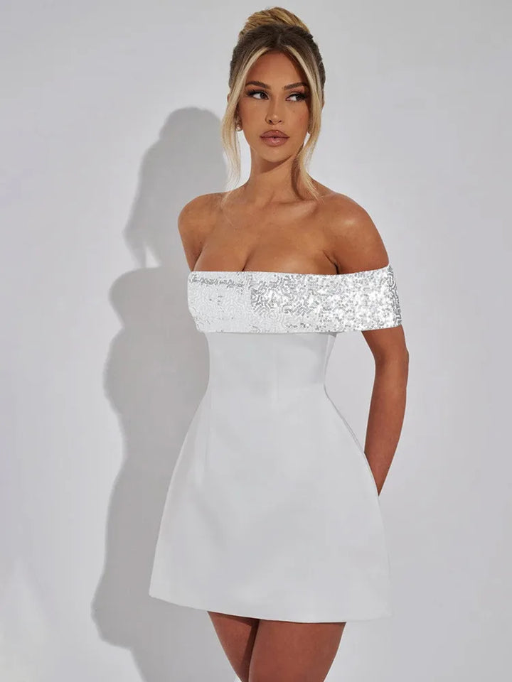 Alicia - Off-shoulder Sequins Strapless Mini Dress