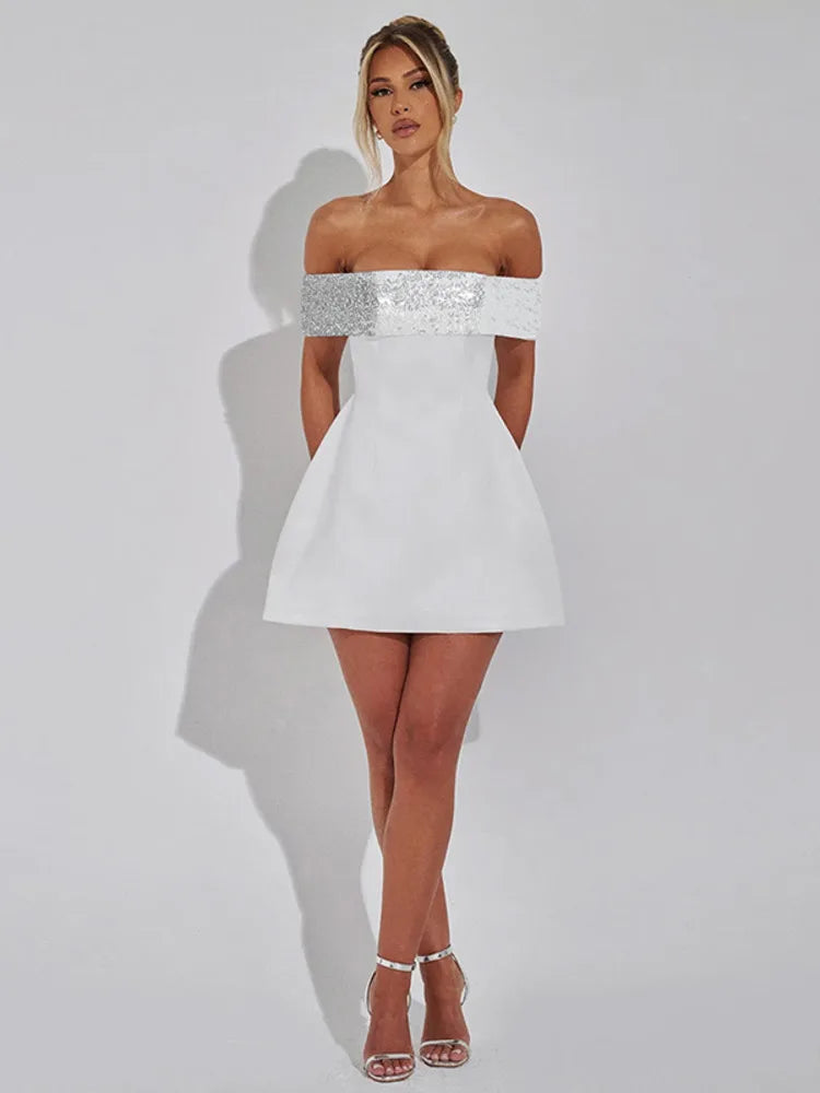 Alicia - Off-shoulder Sequins Strapless Mini Dress